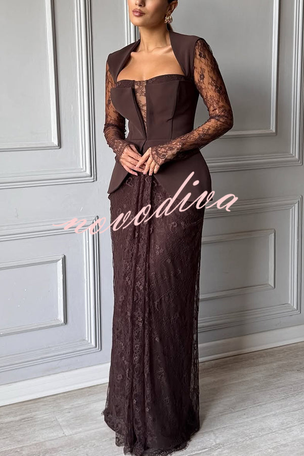 Belle Contrast Sheer Lace Fabric Patchwork Square Neck Long Sleeve Drape Maxi Dress