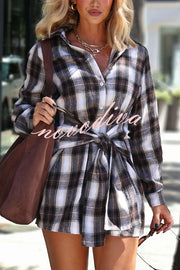 Ashroot Plaid Button Up Wrap Tie Long Sleeve Shirt Mini Dress