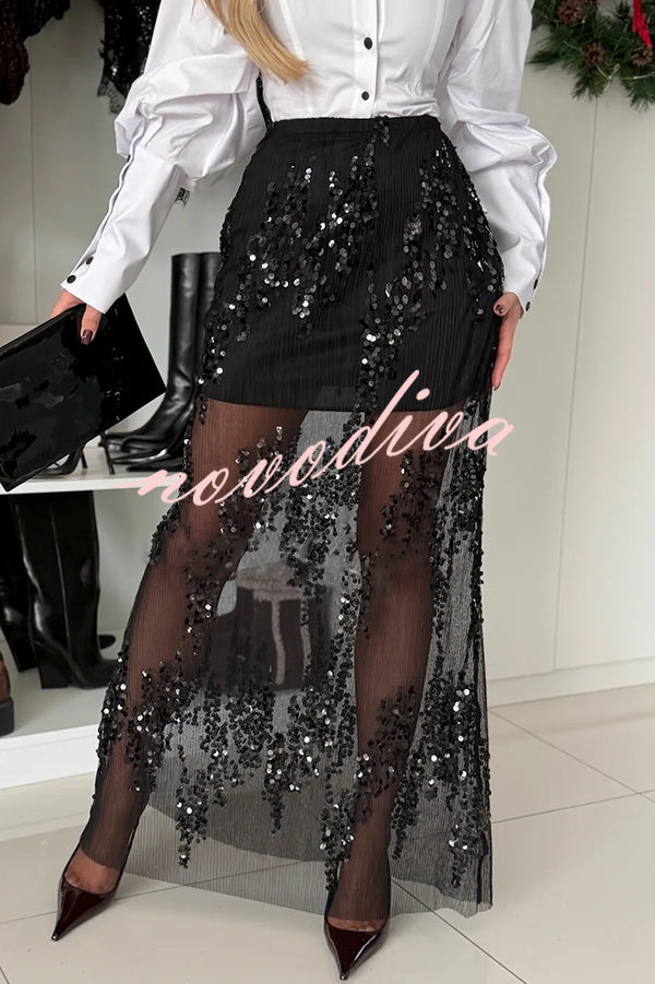 Darling Details Sequin Embroidered Tulle High Rise Elastic Waist Maxi Skirt