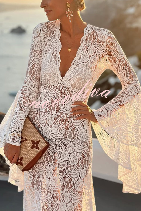 Dream Love Floral Lace Bell Sleeve V-neck Slit Maxi Dress