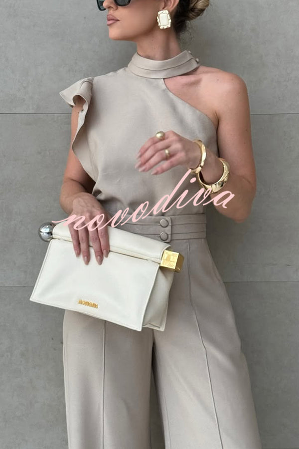 Fashionable One-shoulder Ruffled Top and Casual Simple Straight-leg Suit Pants Set