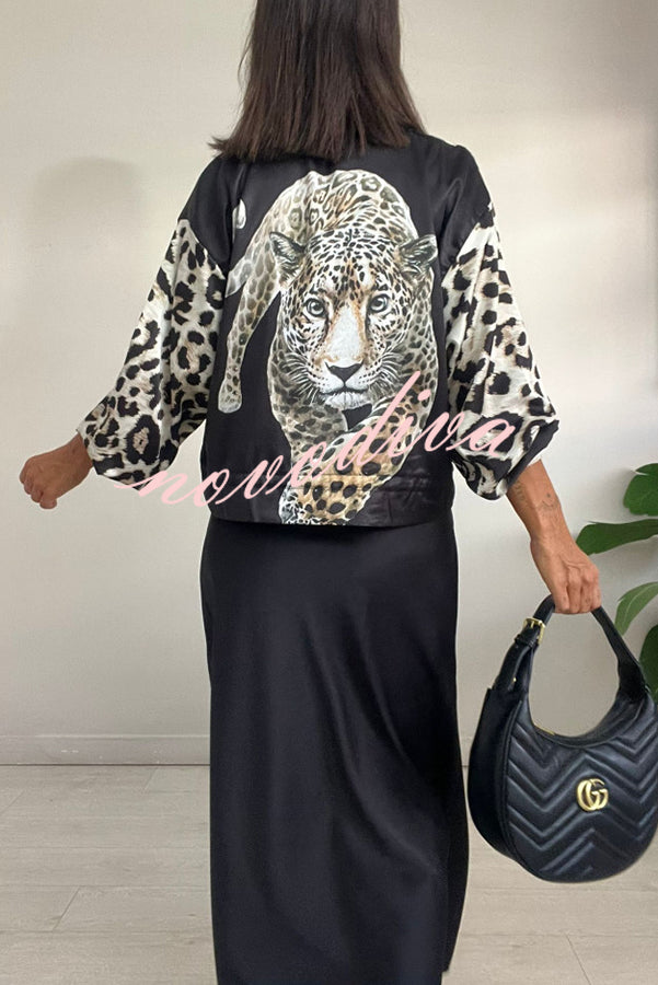 Shiloh Leopard Unique Print Zipper Drawstring Hem Bomber Jacket