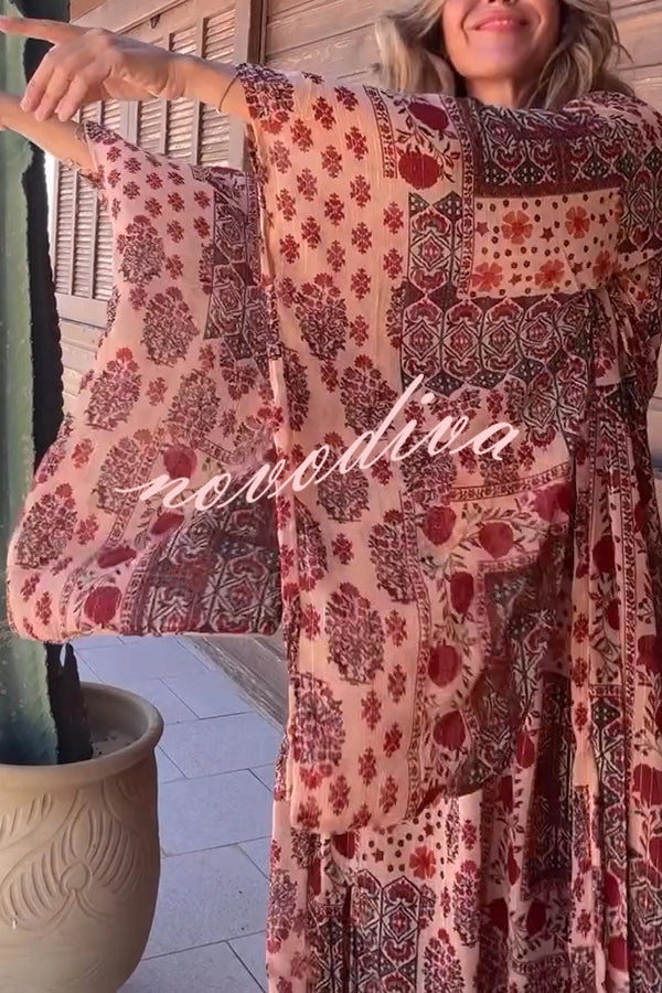 Boho Unique Printed Long Sleeve Vacation Maxi Cover Up