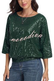 Solid Color Sequined Loose Round Neck Casual Top