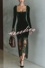 Fashionable Velvet and Lace Patchwork Square Neck Long-sleeved Maxi Dress