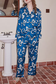 Blue Bow Print Home Long-sleeved Two-piece Set