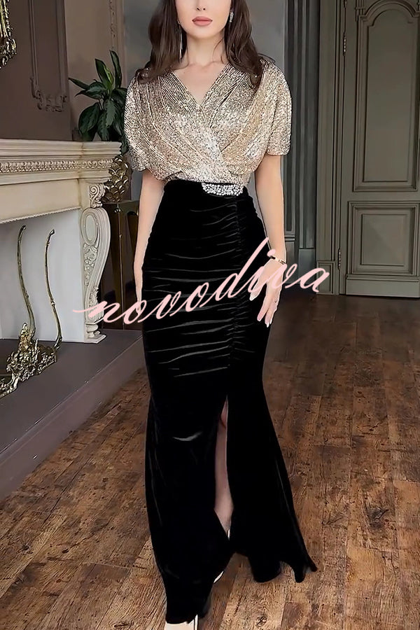 Elegant V-neck Sequined Velvet Stitching Sexy Slit Maxi Dress