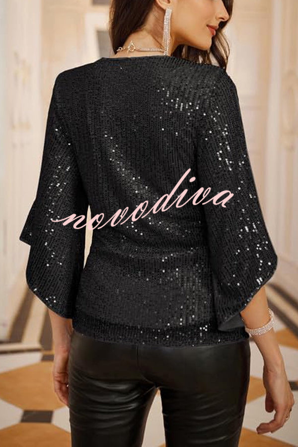 Solid Color Sequined V-neck Hollow Sleeve Slim Fit Top