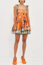 Linen Blend Unique Print Suspender Tie Casual Mini Dress