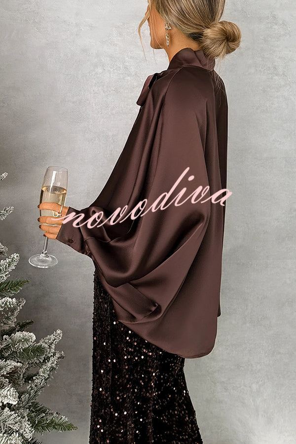 Chic and Merry Satin Bow Neck Batwing Sleeve Loose-fitting Blouse