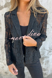 Fashion Lapel Long Sleeve Pocket Elegant Lace Jacket