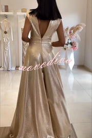 Roisin Metallic Fabric Ruched Shoulder V-neck Wide Leg Drape Jumpsuit