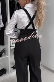 Modern Charm Zipper High Rise Button Cross Straps Pocket Wide Leg Pants