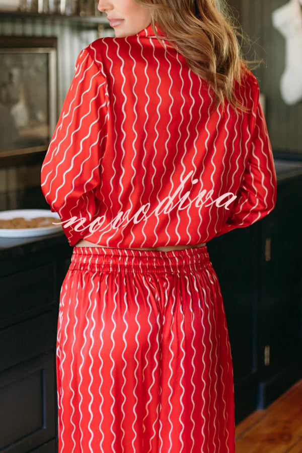 Satin Wave Print Long Sleeve Bow Shirt and Elastic Waist Loose Pants Set