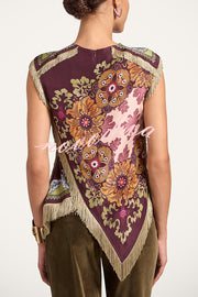 Stunning Floral Print Asymmetric Tassel Trim Scarf Top