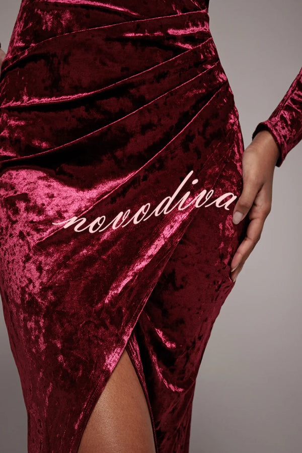 Solid Color Velvet Long-sleeved Slim-fit Slit Midi Dress