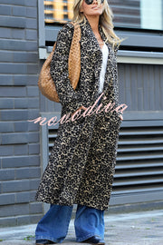 Leopard Affair Animal Print Epaulettes Long Sleeve Pocketed Lapel Midi Trench Coat