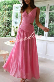 Solid Color V-neck Waist Hollow Slim Maxi Dress