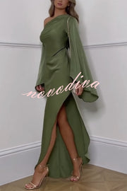 Zayla Satin Asymmetrical One Shoulder Bell Sleeve Slit Maxi Dress