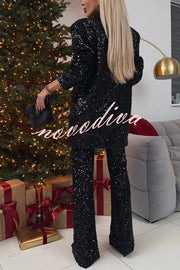 Chic Party Season Sequin Button Long Sleeve Lapel Oversized Blazer Jacket