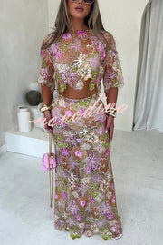 Fashionable Embroidered Flower Sequined Crop Top and Elegant Sheer Maxi Skirt Set
