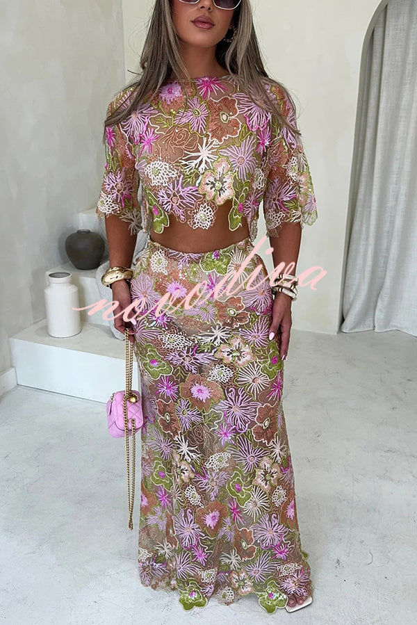 Fashionable Embroidered Flower Sequined Crop Top and Elegant Sheer Maxi Skirt Set