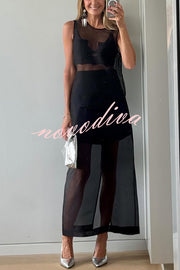 Embraces Modern Sheer Organza Pocket Oversized Tank and High Rise Slit Midi Skirt Set