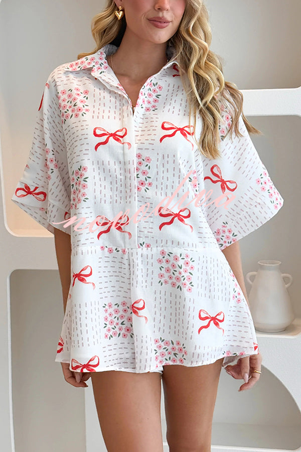 Sweet Bow Print Lapel Half Sleeve Tie Waist Loose Rompers