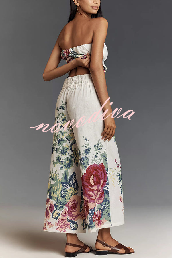 In To The Summer Linen Blend Floral Print Elastic Bandeau and Elastic Waist Pocket Loose Pants Set