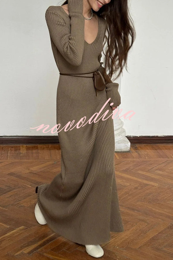 Solid Color V-neck Long-sleeved Slim-fit Elegant Knit Maxi Dress