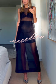 Embraces Modern Sheer Organza Pocket Oversized Tank and High Rise Slit Midi Skirt Set