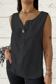 Solid Color V-Neck Button Loose Sleeveless Top