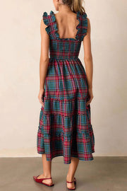Plaid Print Ruffled Halter Pleated Sleeveless Casual Midi Dress