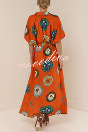 Linen Blend Unique Print Lapel Loose Tie Cardigan Maxi Dress