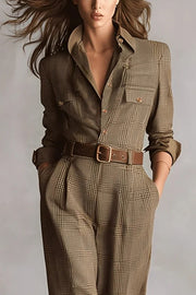 Retro Plaid Print Casual Pocket High-waisted Jumpsuit