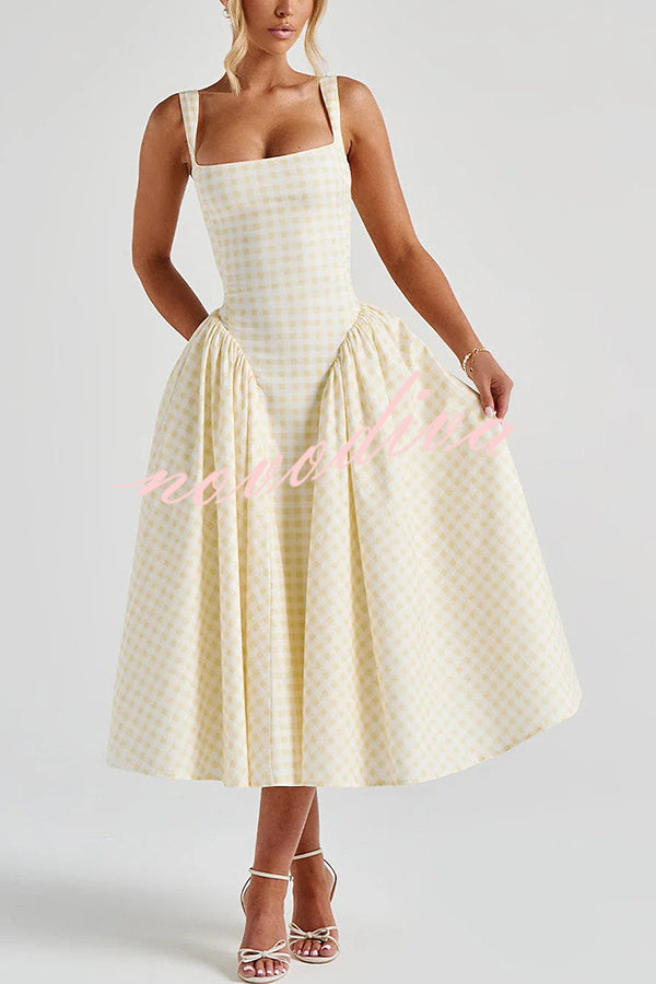 Playful Elf Gingham Square Neck Back Smocked Lace-up Midi Dress