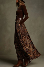 Stylish Velvet Long-sleeved Fitted Top and Unique Printed Casual Pocket Maxi Skirt Set