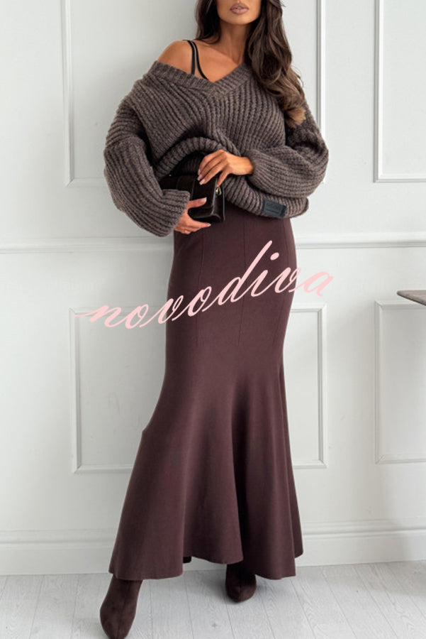 Caitlin Knit Stretch Fabric High Waist Fishtail Casual Maxi Skirt