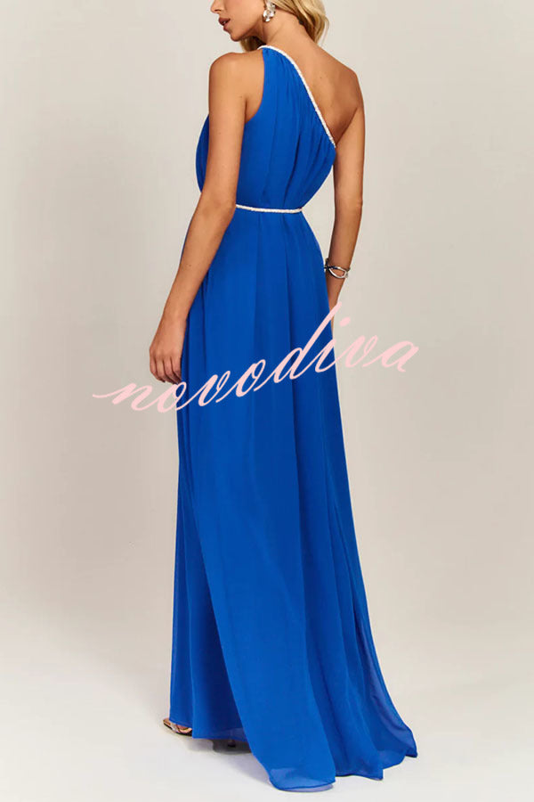 Elly One Shoulder Rhinestone Details Removable Belt A-line Maxi Dress