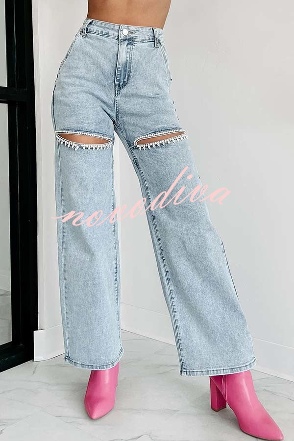 Blowing Your Mind Slit-Front Wide Leg Pocket Rhinestone Jeans