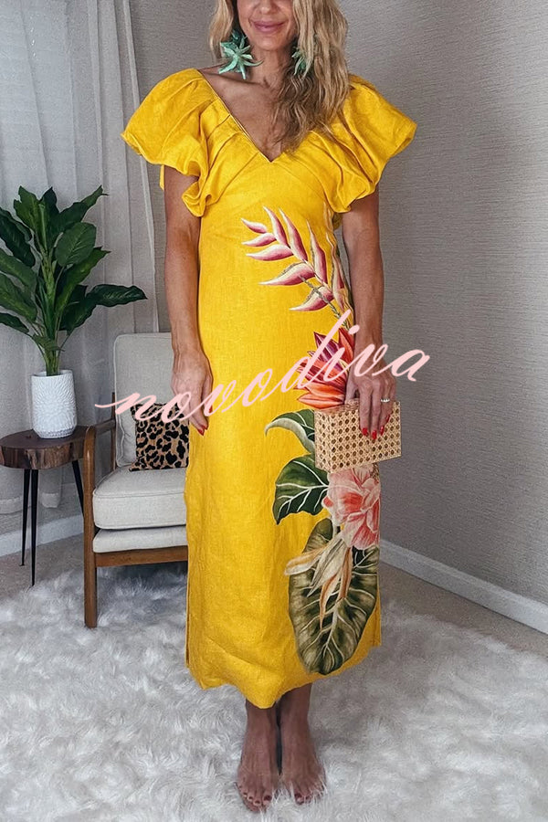 Plant Print V-neck Open Back Holiday Style Slit Midi Dress