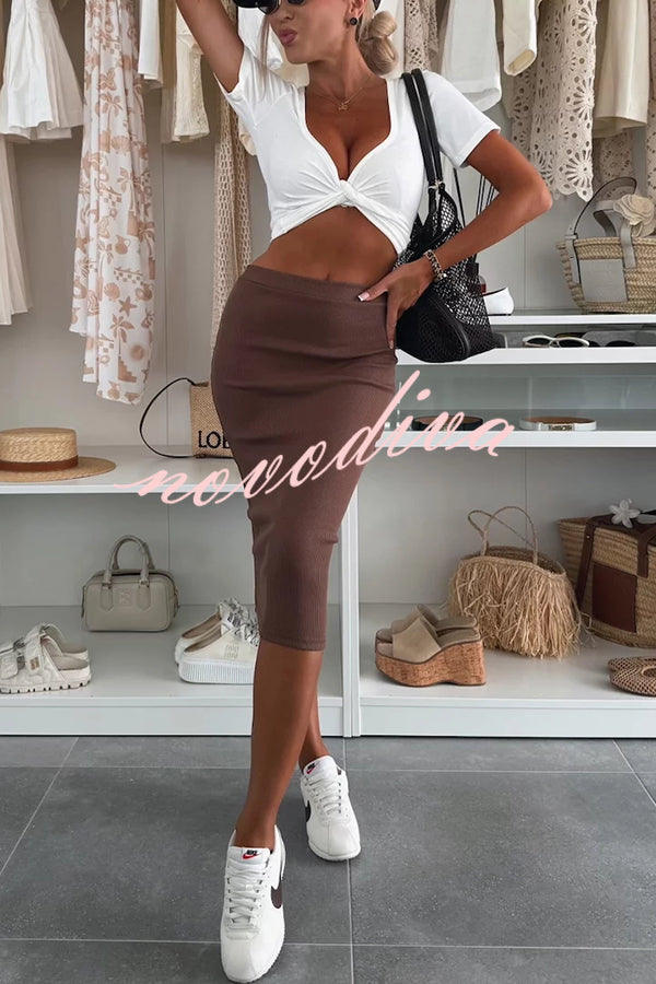 Perfect Basics Ribbed Knit Elastic Waistband Stretch Midi Skirt