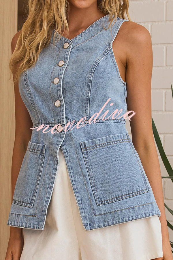 Fashionable Casual Slim Fit Button Pocket Denim Vest