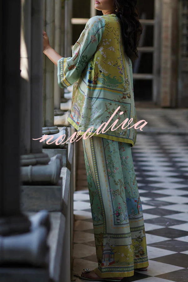 Elonie Satin Floral Print V-neck Half Sleeve Top and Elastic Waist Wide Leg Pants Set
