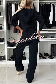 Solid Color Loose Hooded Tie Sweatshirt and Elastic Waist Casual Straight Pants Set