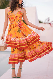 Tropical Sunset Unique Print Pleated Tie-up Straps Tiered Midi Dress