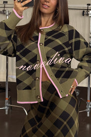 Holiday Plaid Knit Color-blocked Trim Button Long-sleeved Loose Cardigan