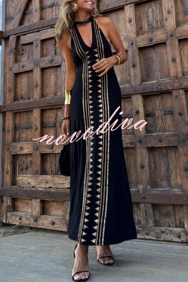 Meret Gold Geometric Print Halter Backless Stretch Maxi Dress