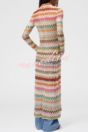 Anna Knit Colorful Herringbone Print Shirt Neck Button Long Sleeve Slim-fit Long Cardigan