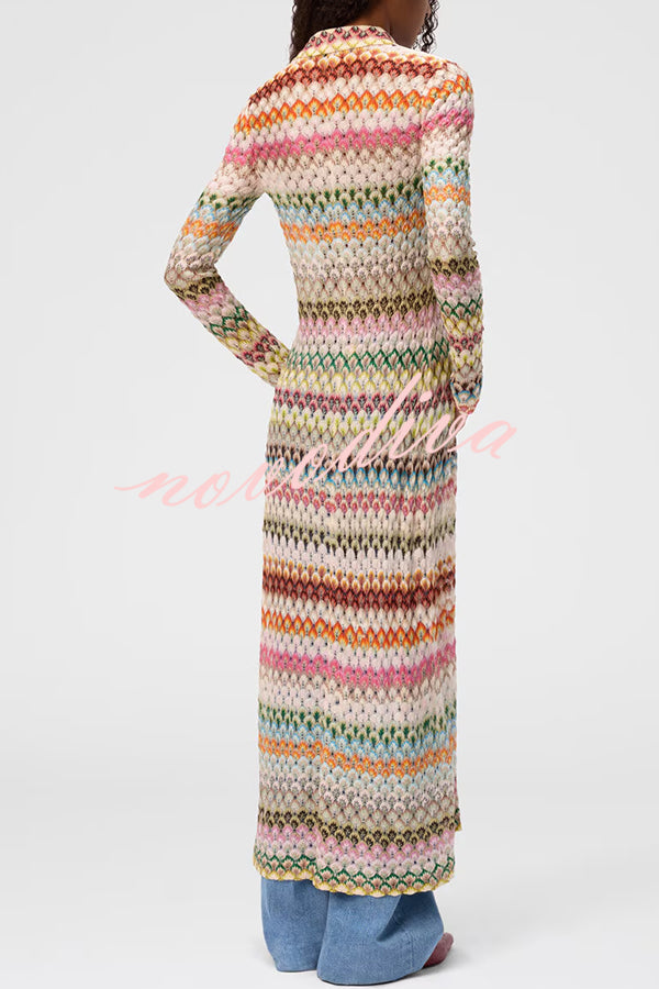 Anna Knit Colorful Herringbone Print Shirt Neck Button Long Sleeve Slim-fit Long Cardigan